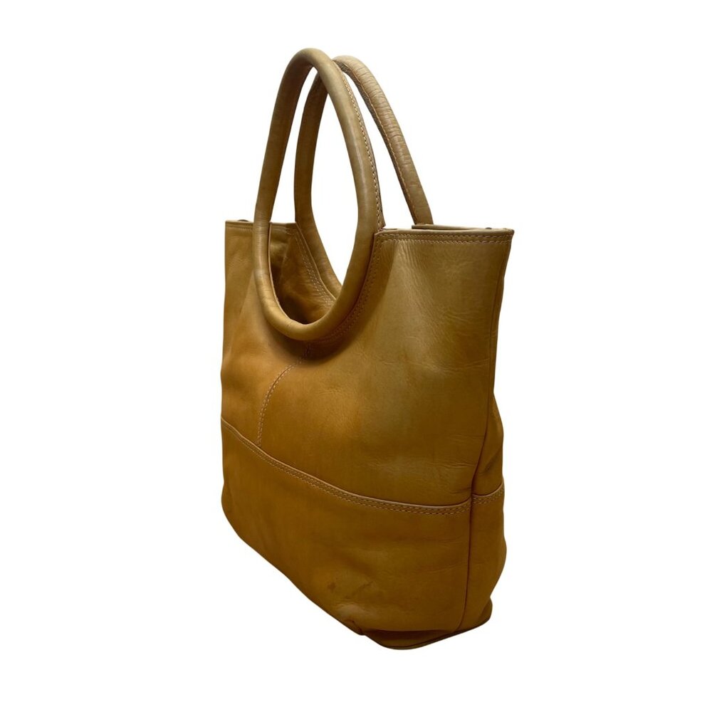 Chaos Tan Leather Crossbody Strap Circular Handles & Snap Closure Tote Bag - Picture 2 of 10